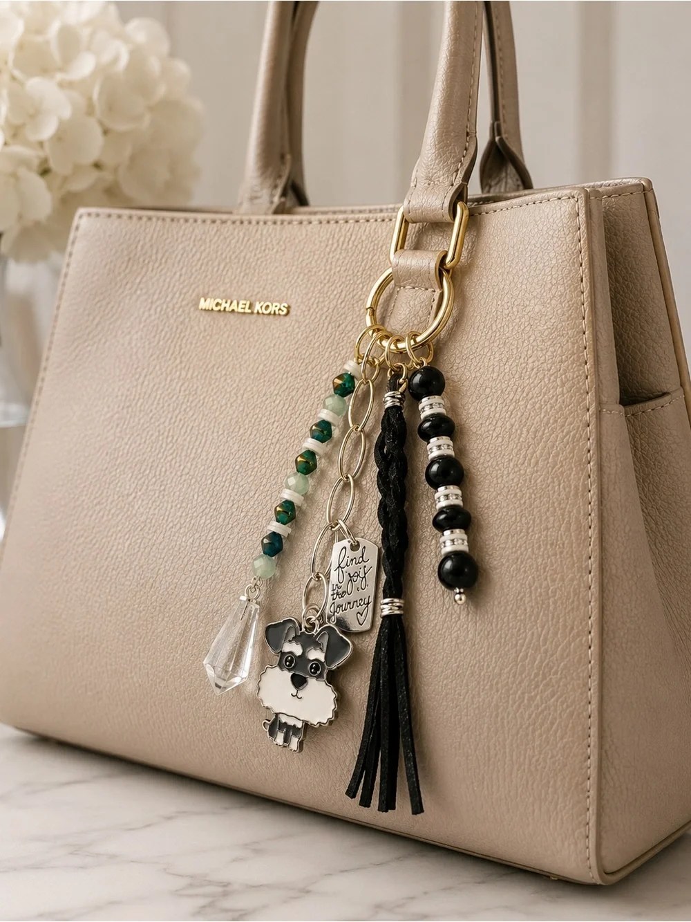 Hand Crafted TERRIER Bag Charm Key Ring w/“FIND JOY IN THE JOURNEY” - Picture 2 of 10